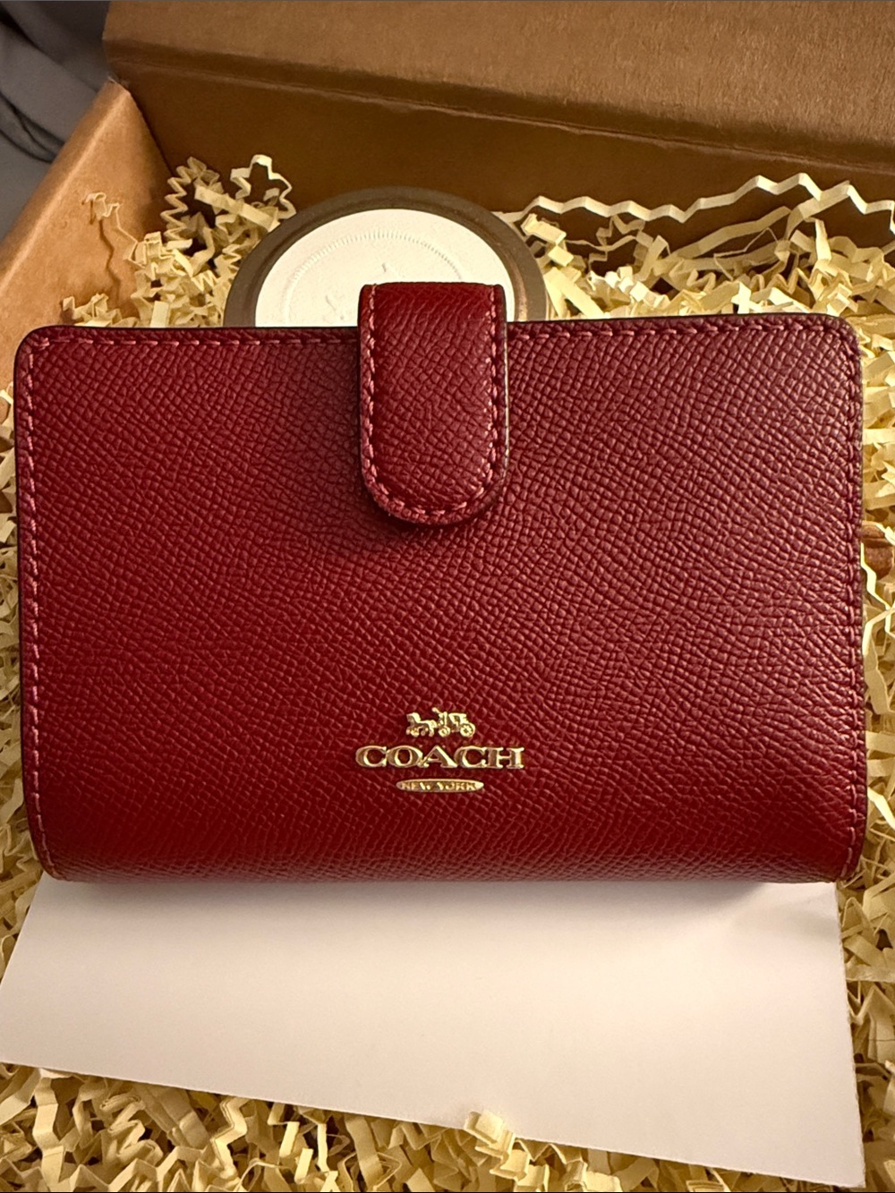 Coach Red Saffiano Leather Snap Wallet with Gold Logo